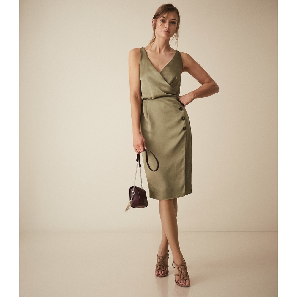 Reiss Olive Green Satin Wrap Midi Dress